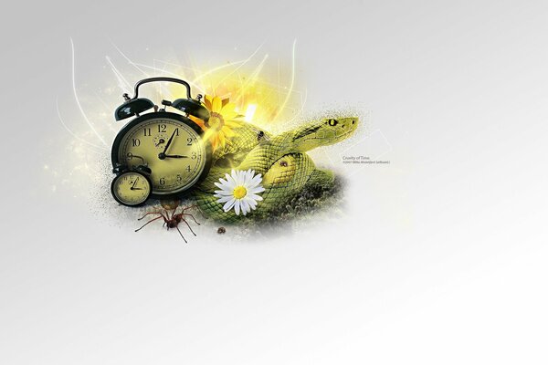 A picture of a snake and time with a daisy