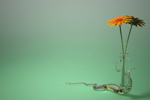 Minimalismus Vase mit Blumen auf grünem Hintergrund