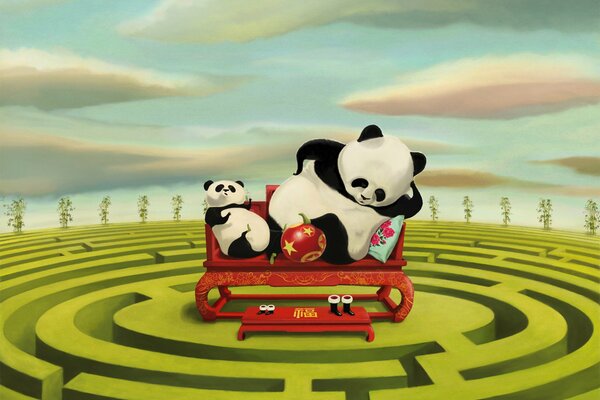 Deux pandas de dessin animé se reposent sur le canapé