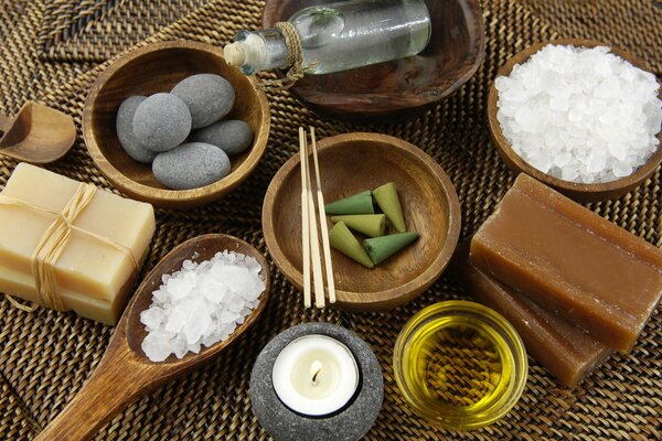 A variety of items for spa treatments