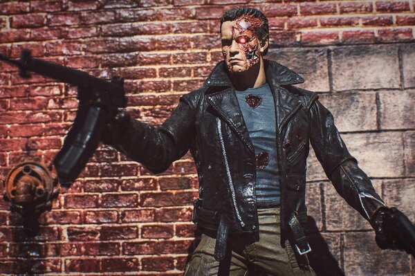 Terminator with a gun in his hand and a black jacket