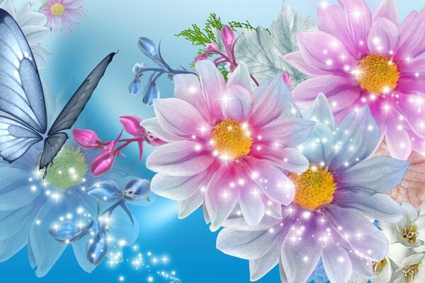 Mariposa de cuento de hadas en flores brillantes