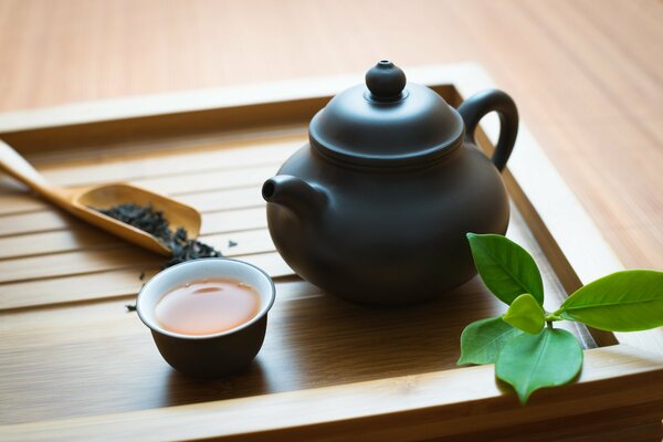 Teapot on a tray for a tea ceremony