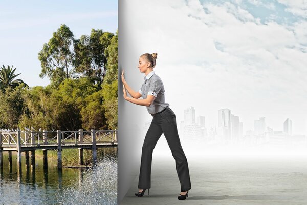 Creative photo of a girl in trousers a choice between the city and nature