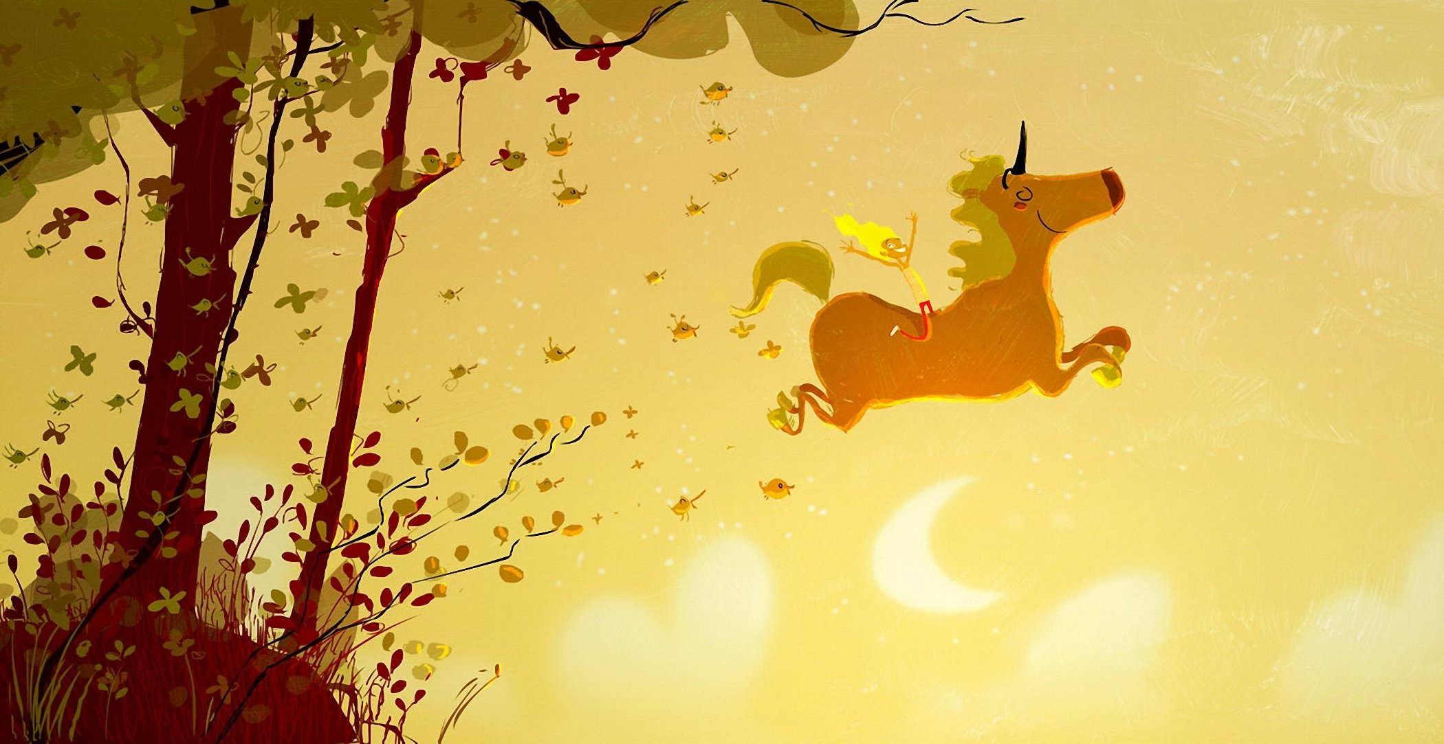 fantasy unicorn girl happiness tree bird
