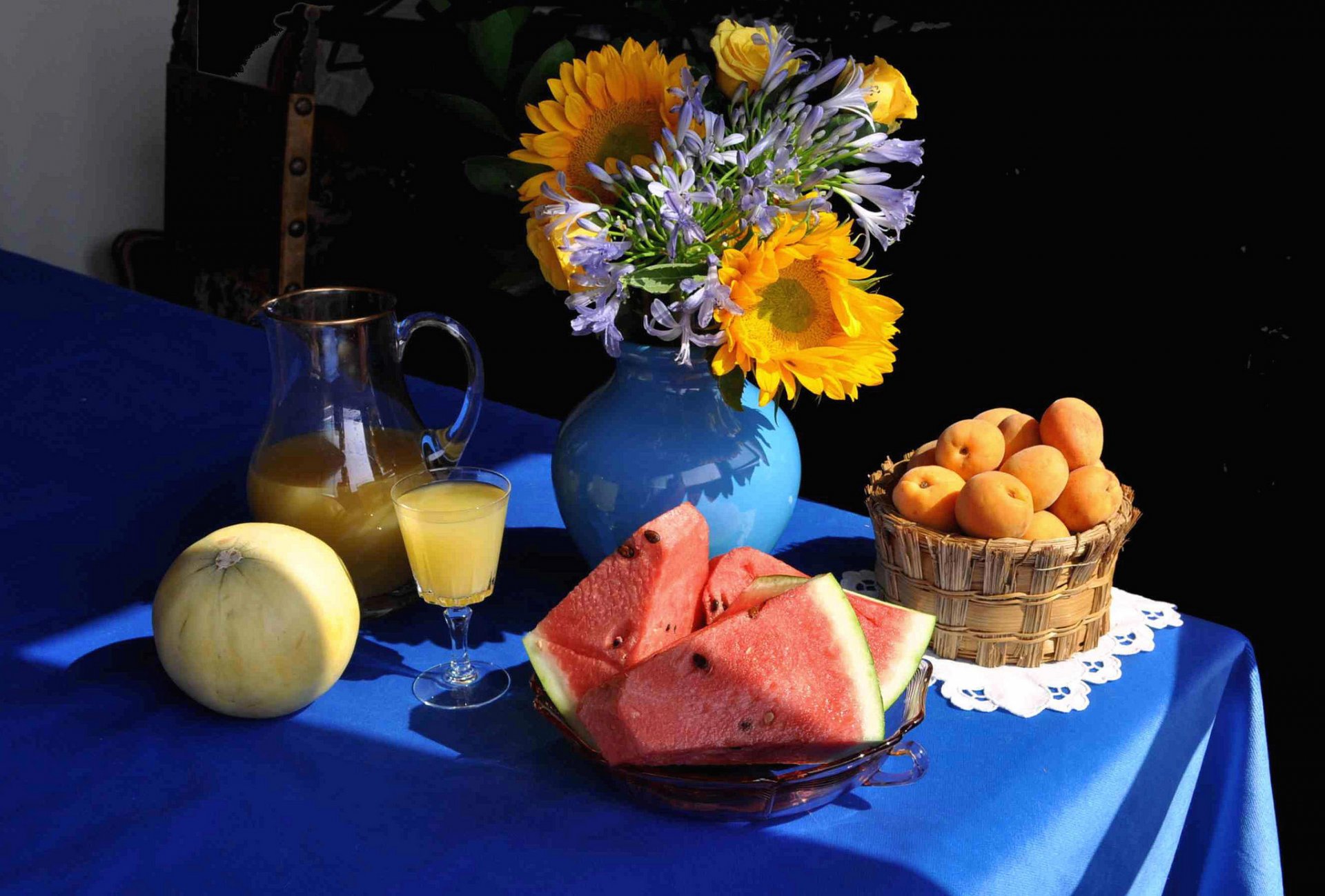 till life table vase bouquet flower melon apricots pitcher juice watermelon