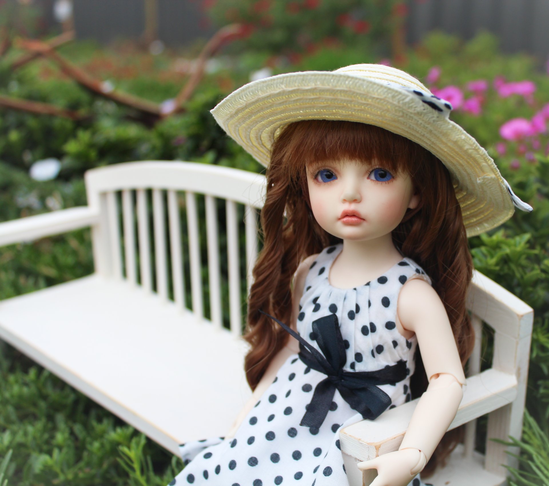 poupée bjd yeux bleus chapeau pois fleurs boutique arc cheveux