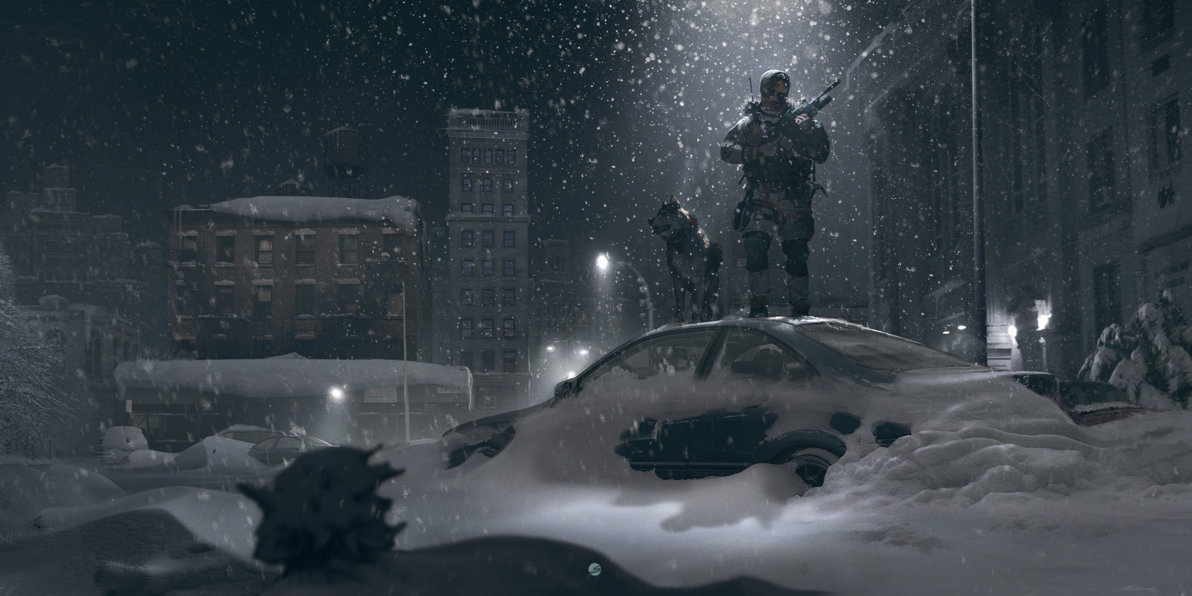 invierno calle nieve soldado luz perro linterna noche coche