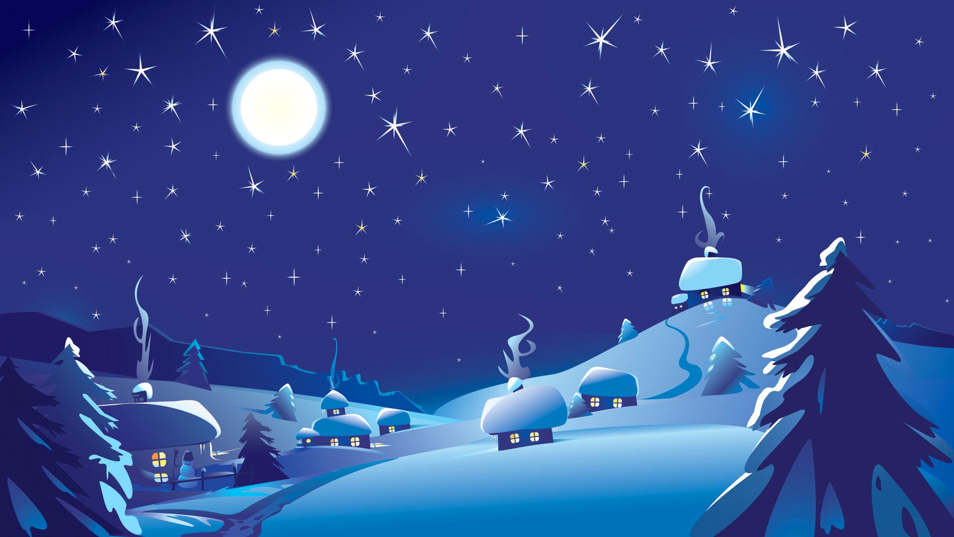 paesaggio inverno notte cielo luna stelle capanna pupazzo di neve