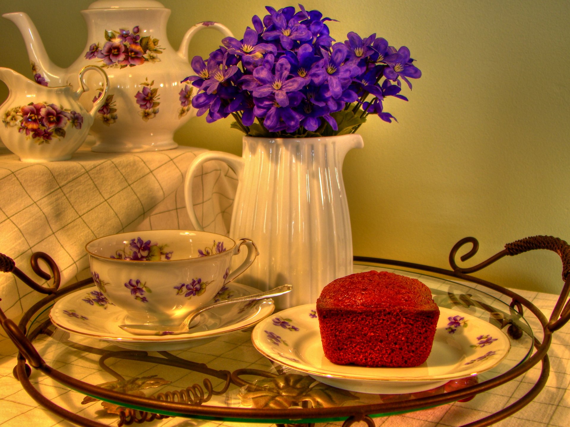 table tablecloth tea set cake tray pitcher flower background