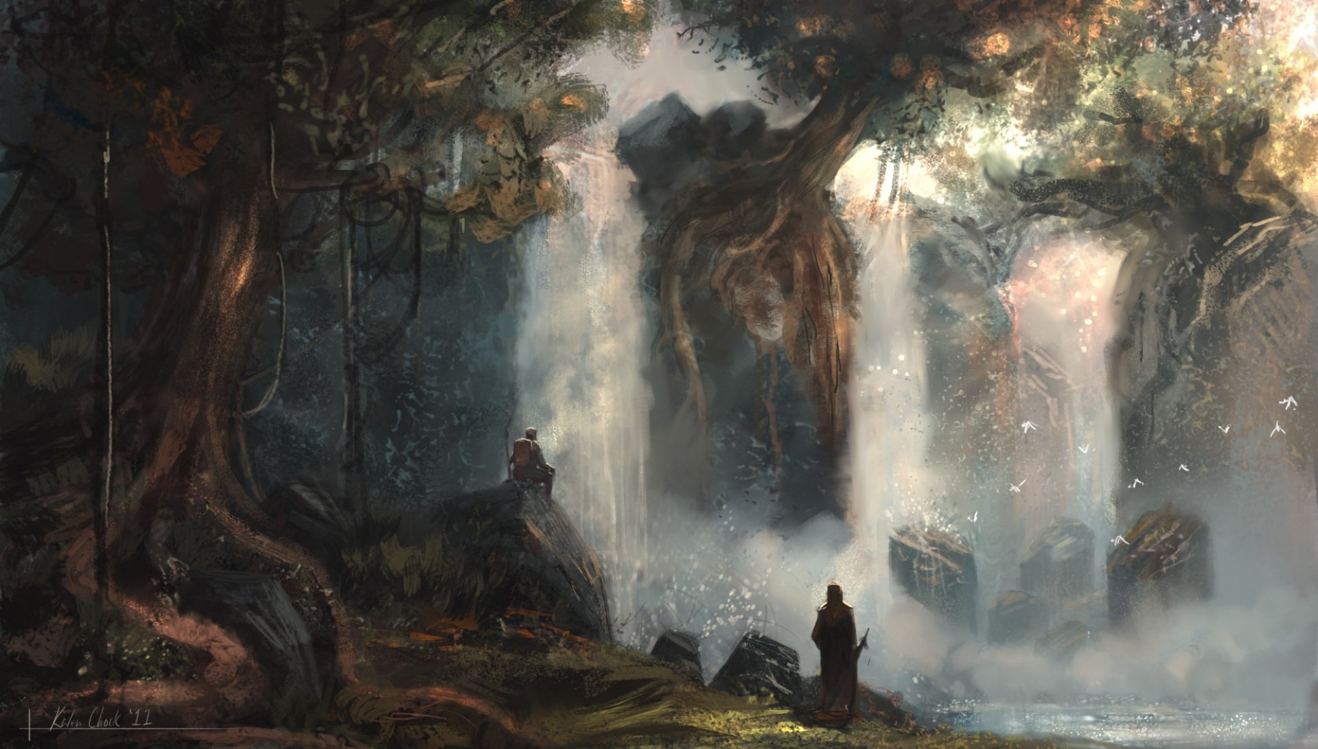 kunst fluss felsbrocken steine menschen bäume wasserfälle wald