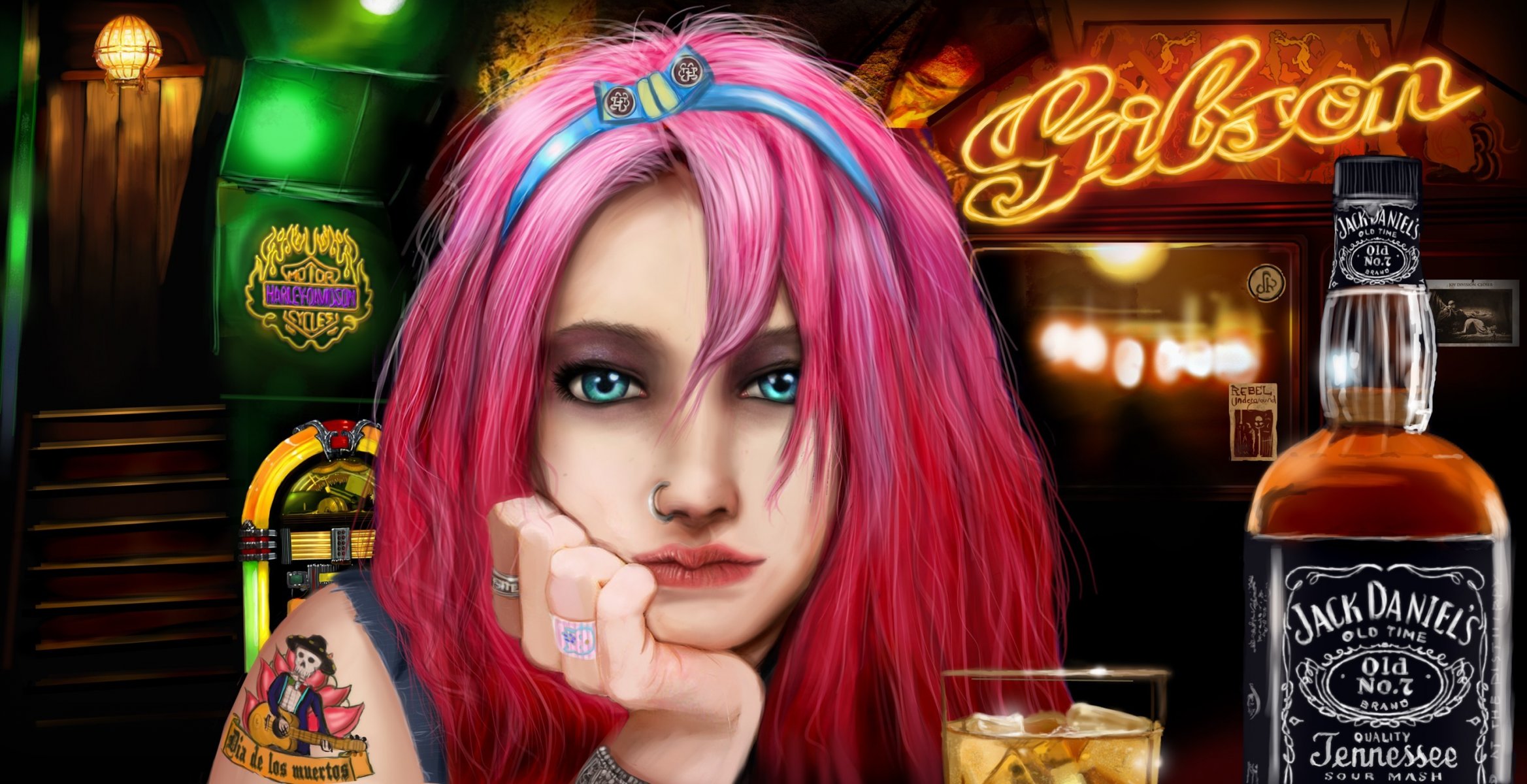 arte ragazza capelli rosa bar alcol jack daniels jack daniels piercing anelli tatuaggio bicchiere ghiaccio