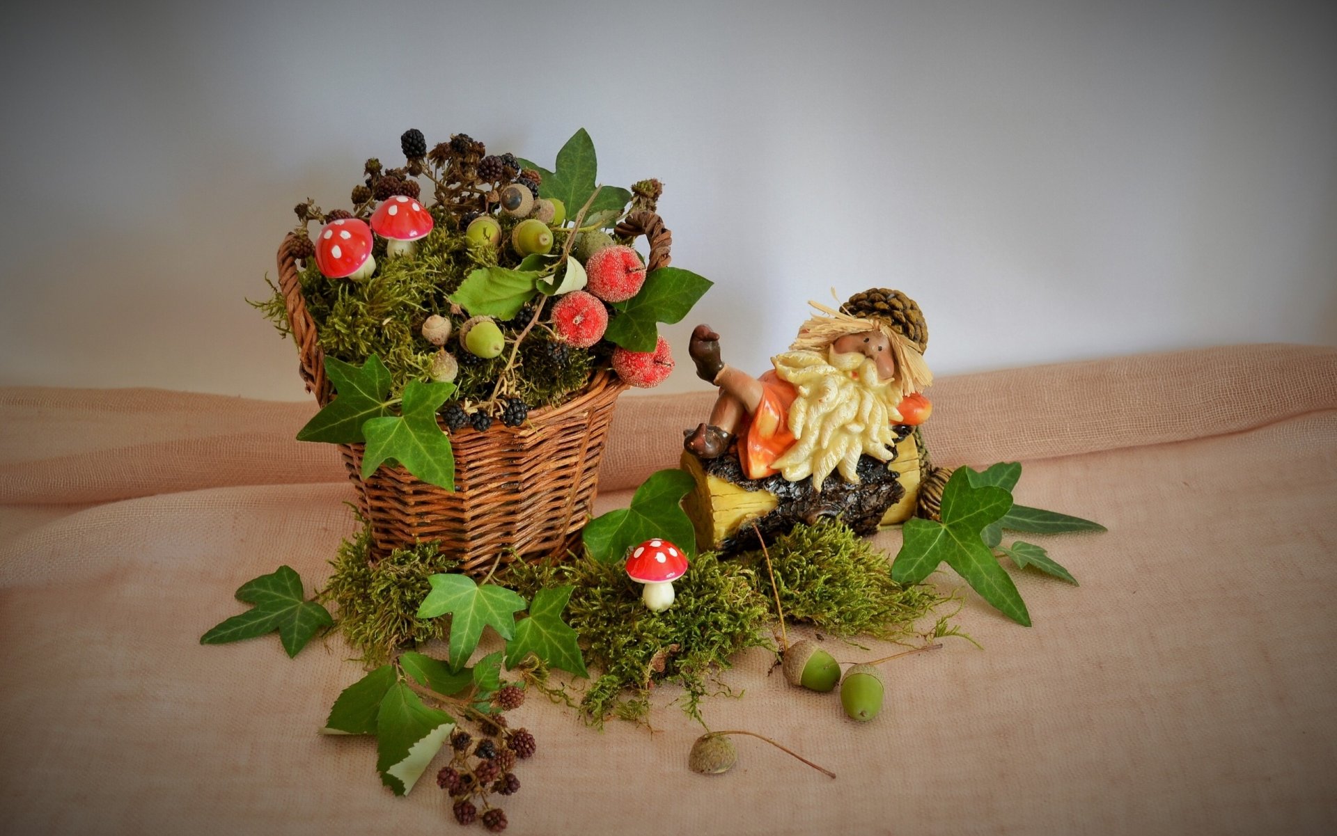 composition basket moss mushrooms amanita leaves statue an old man-lesovichok