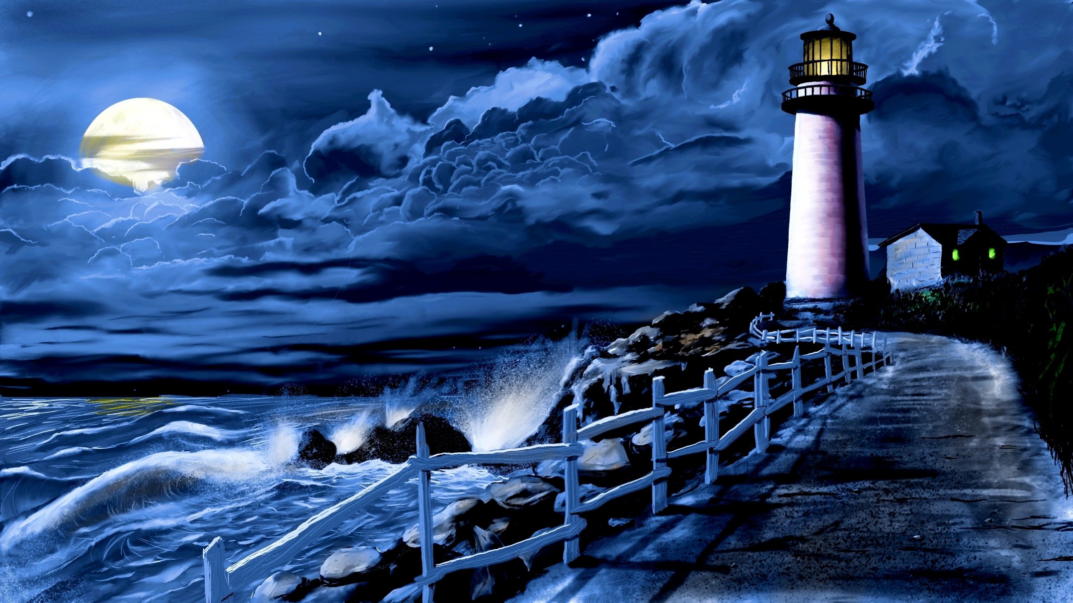 meer wellen brandung nacht mond wolken leuchtturm spur