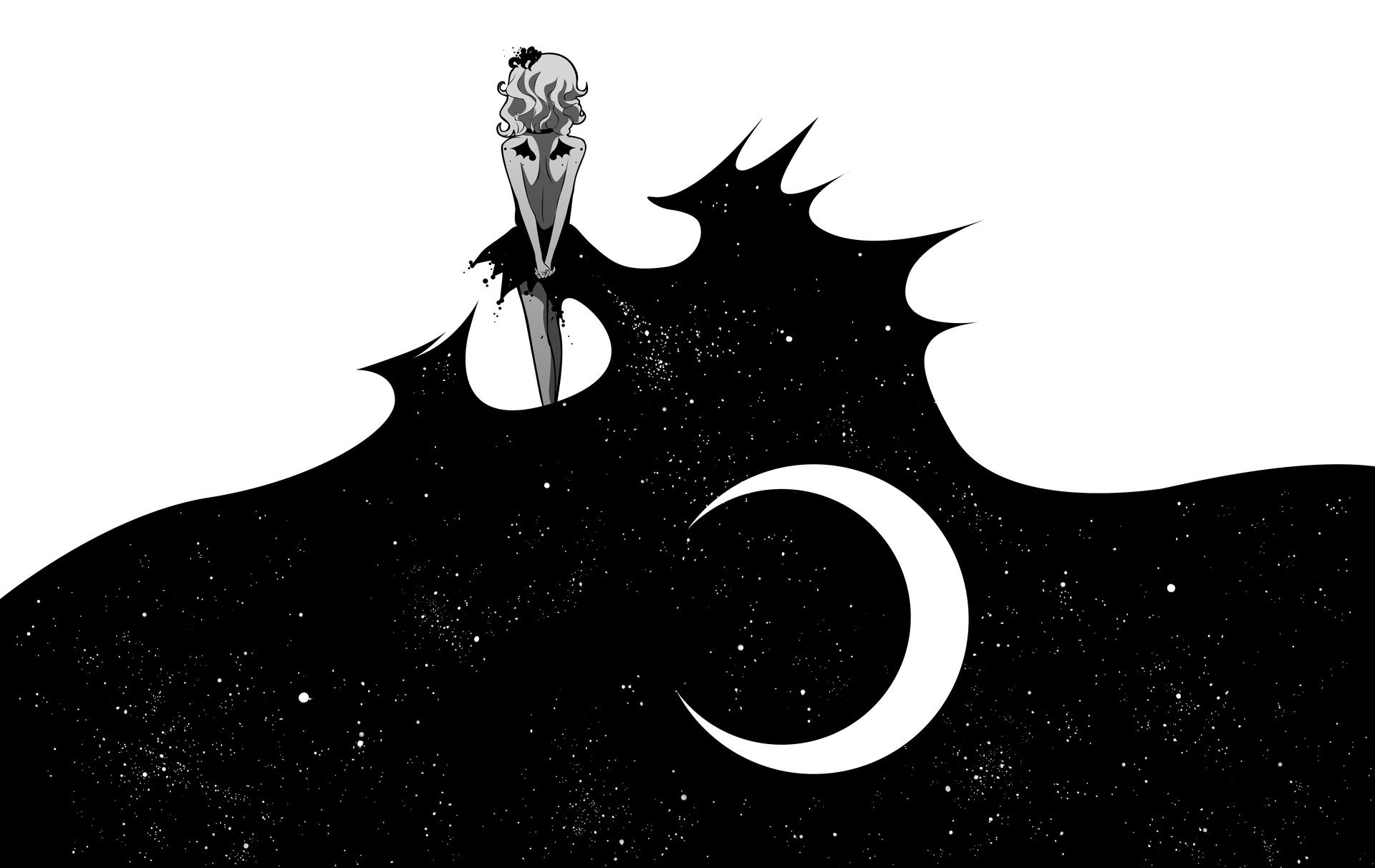 chica espalda noche estrellas luna