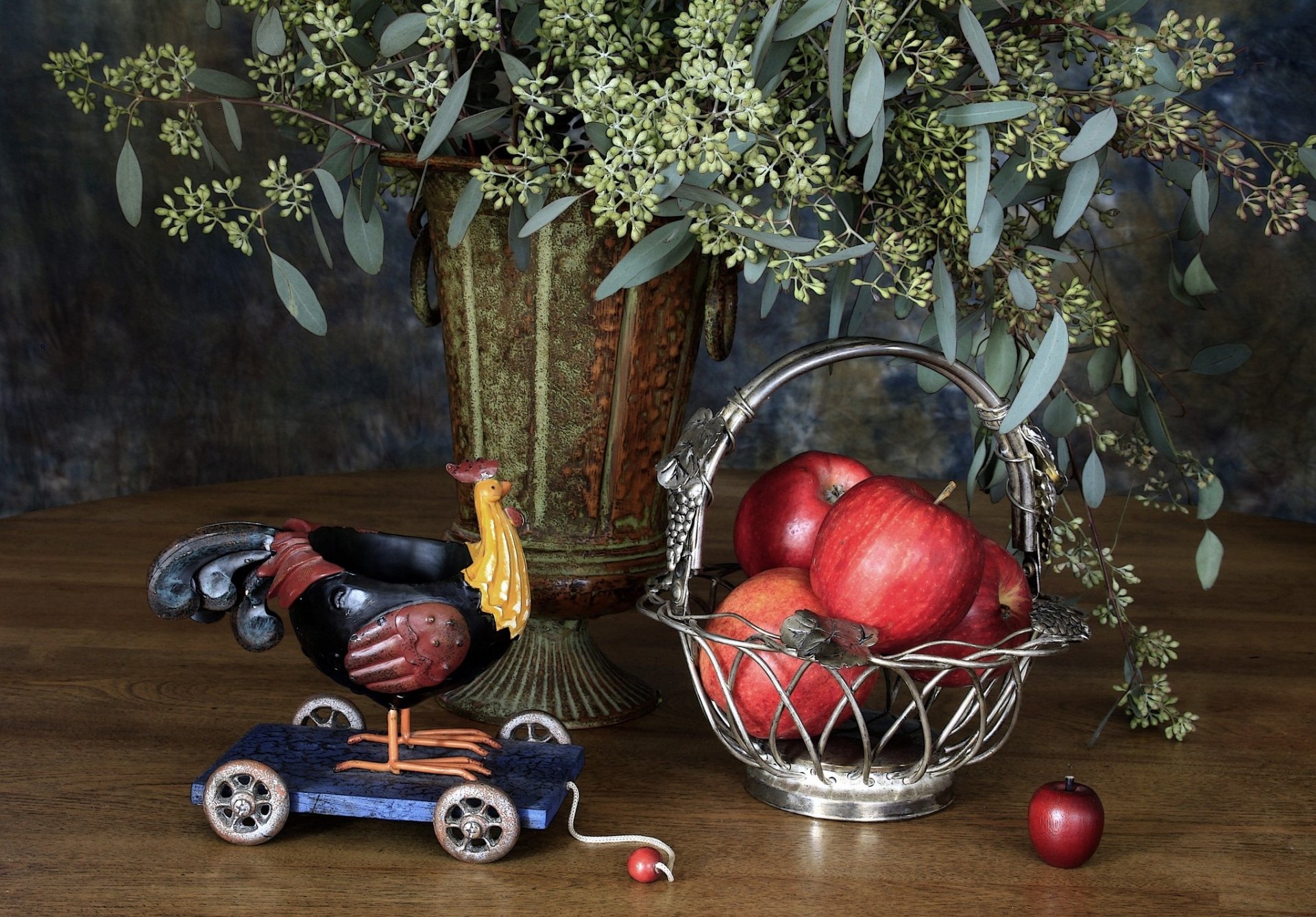 apples shopping toys cock vase still life table