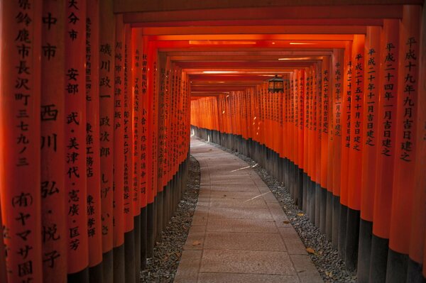 Дорога вдоль красных японских столбов с иероглифами