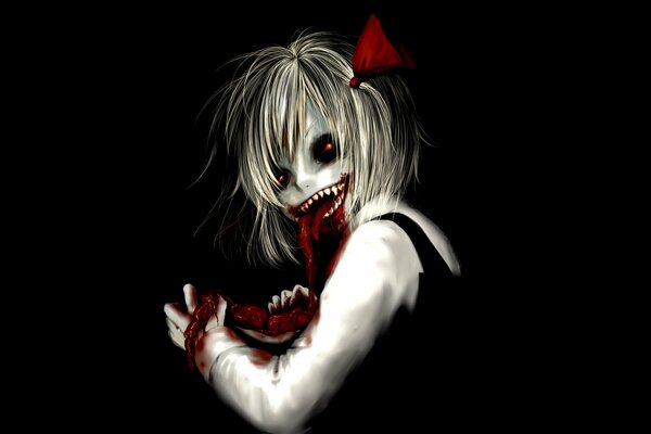 A terrible girl with a bloody jaw