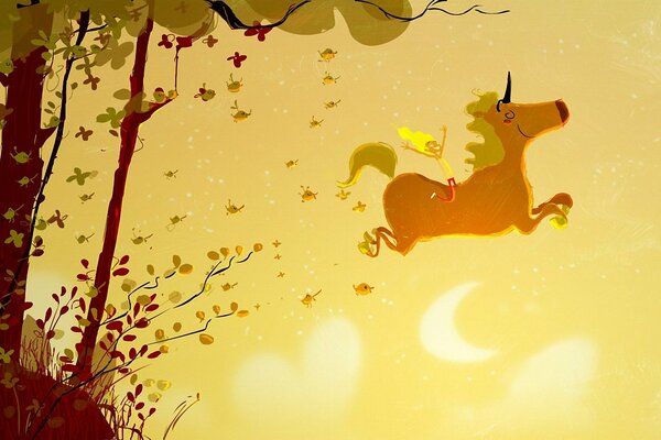 Chica en un unicornio contra un árbol y el cielo