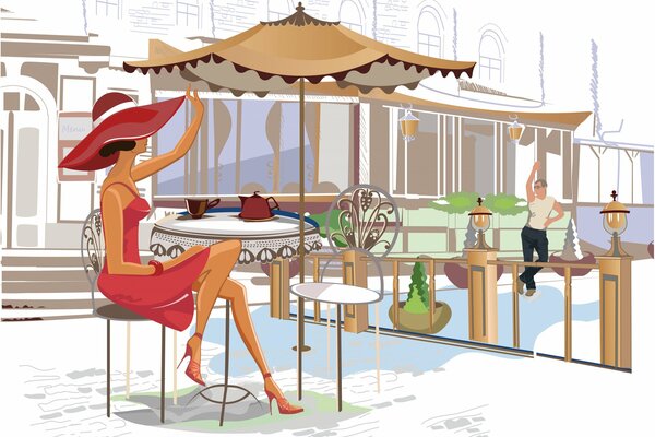 Chica en la mesa en un café saludando a un chico