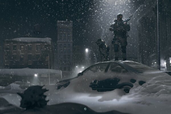 Ein Soldat mit einer Waffe und einem Hund steht bei Schneewetter auf einem Auto