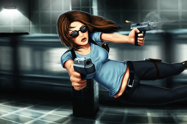 Girl warrior jump and pistol shooting