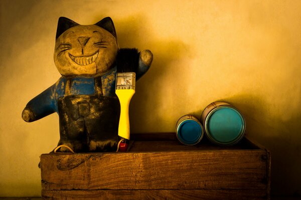 Positive wallpaper figurine, toy. a painter s cat with a brush. and cans of paint. our painter is a plasterer