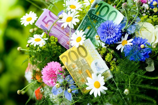 Ramo de flores de primavera y billetes de Euro