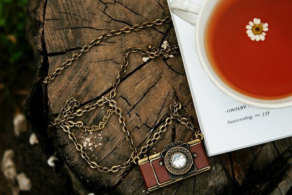 A cup of tea with chamomile next to the camera on a tree stump