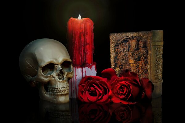 Cráneo con rosas en el fondo de un libro y una vela