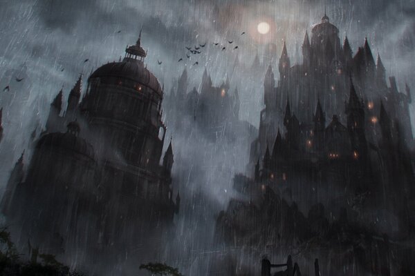 Imagen artística del castillo en el fondo de la Luna