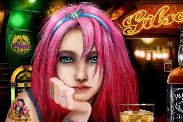 Арт девушка с бутылкой jack daniels в баре