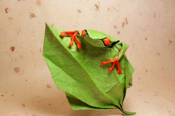 Origami. Ein Frosch mit roten Augen auf einem Blatt