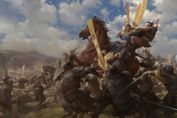 Scène de combat-art avec un samouraï armé sur un cheval