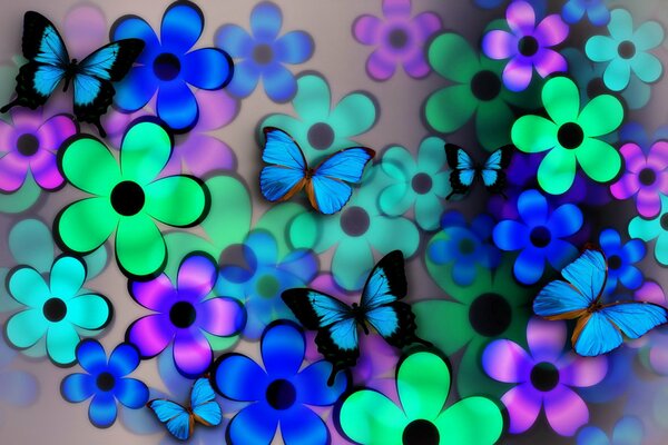 Mariposas mezcladas con flores multicolores