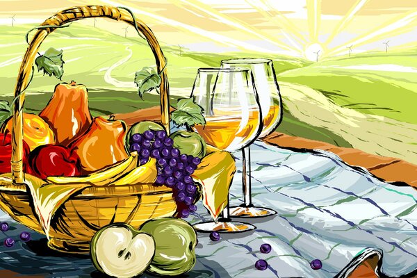 Frutta dipinta in un cesto e due bicchieri di vino