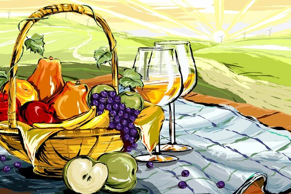 Нарисованные фрукты в корзине и два бокала вина