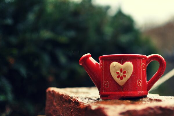 A picture of a red cup with a watering can on a stone