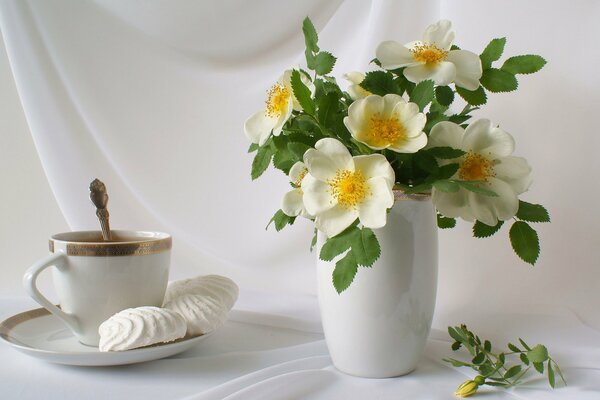 Natura morta. vaso di fiori e tè in tazza con piattino