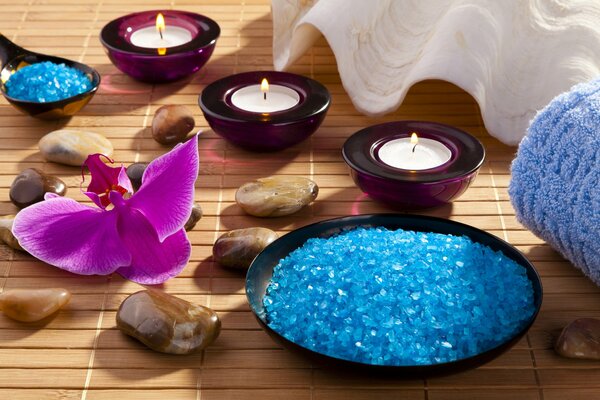 Sea salt in a bowl and candles