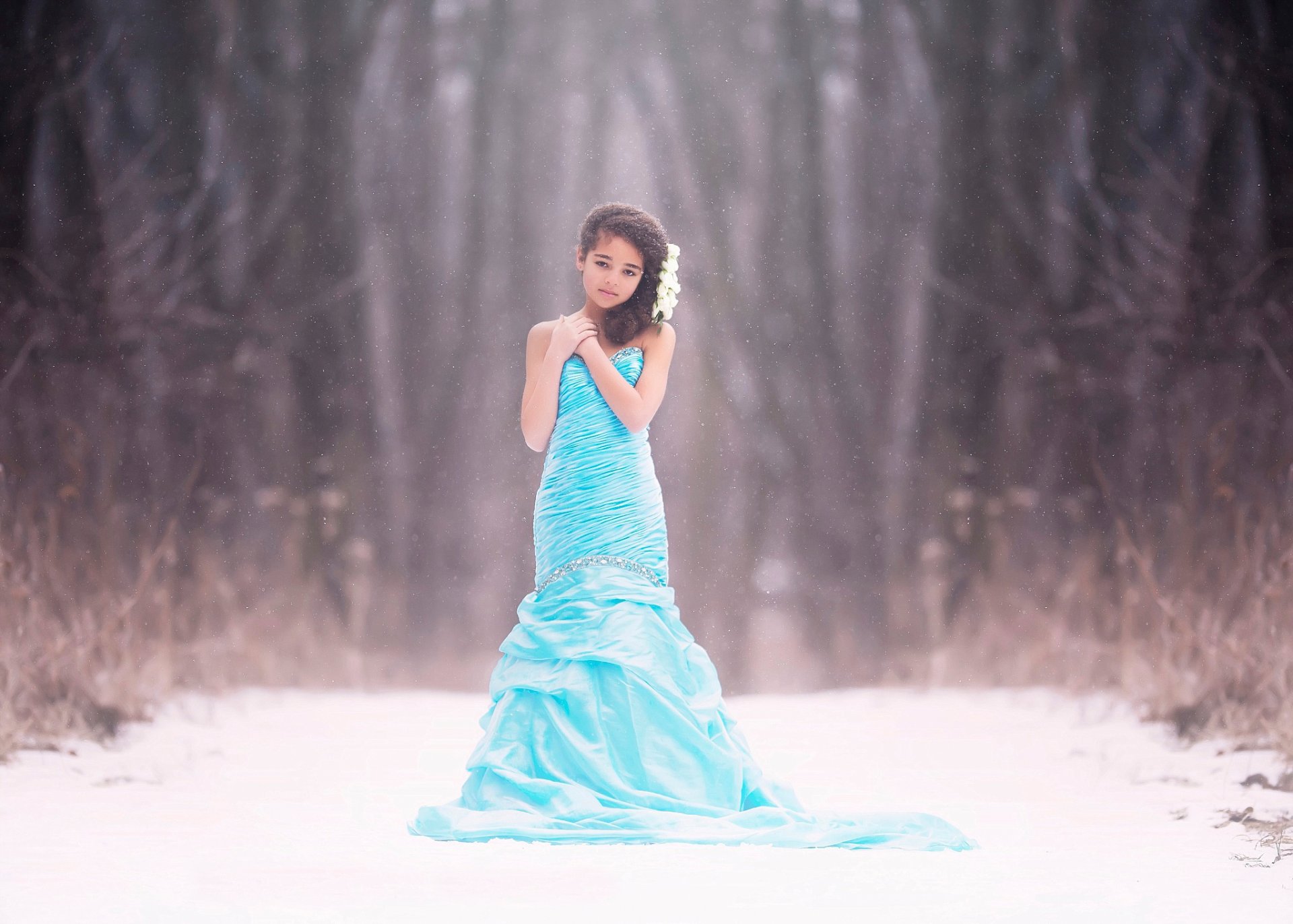 fotografía de niños bellas artes congelado niña nieve vestido bokeh