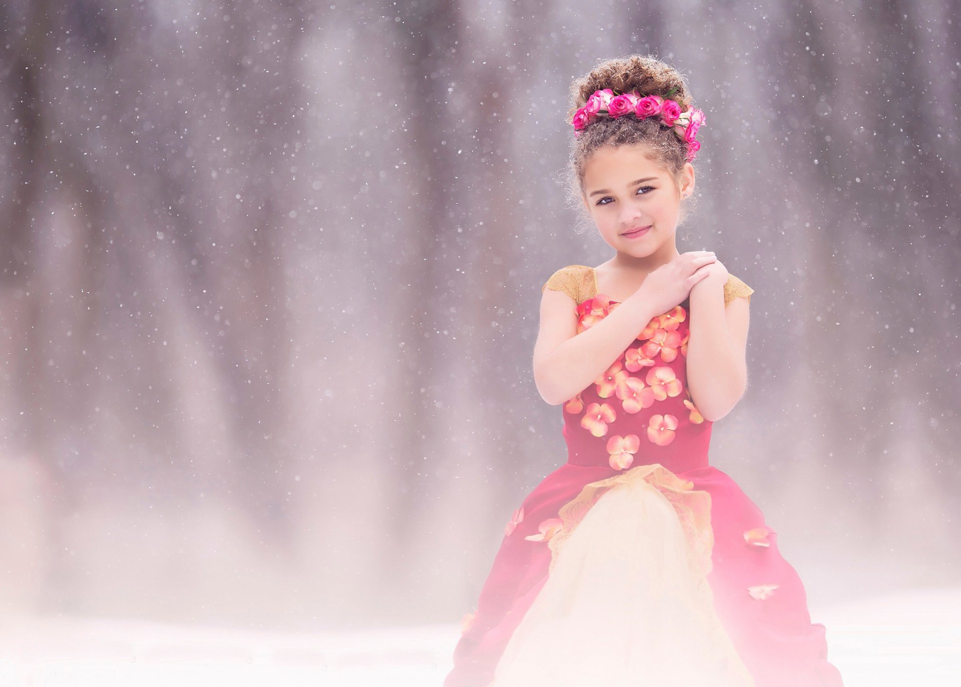 children photography fine art girl snow dress rose