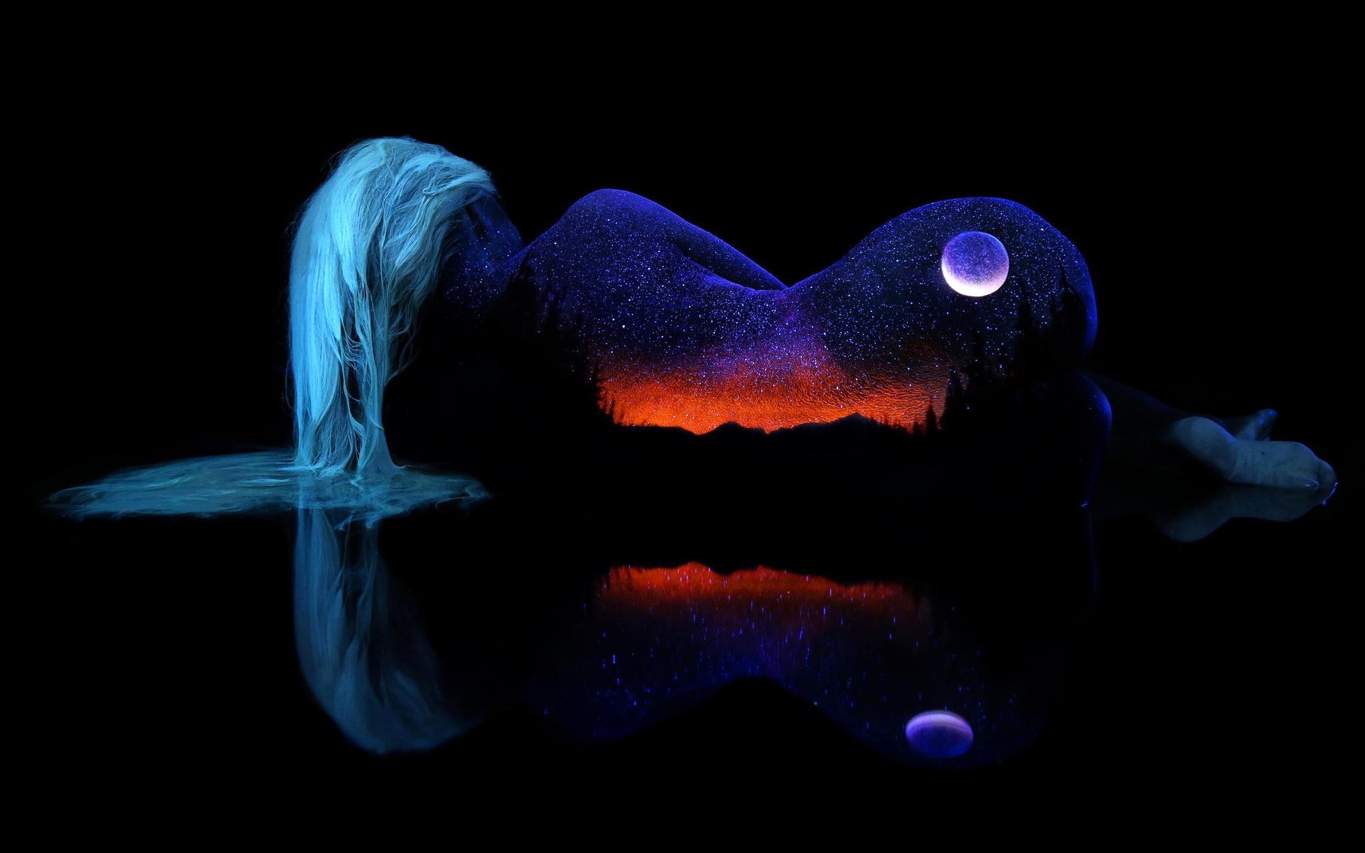 background girl the body hair silhouette outline circuit landscape sky night moon mountain nature reflection surface of horizon