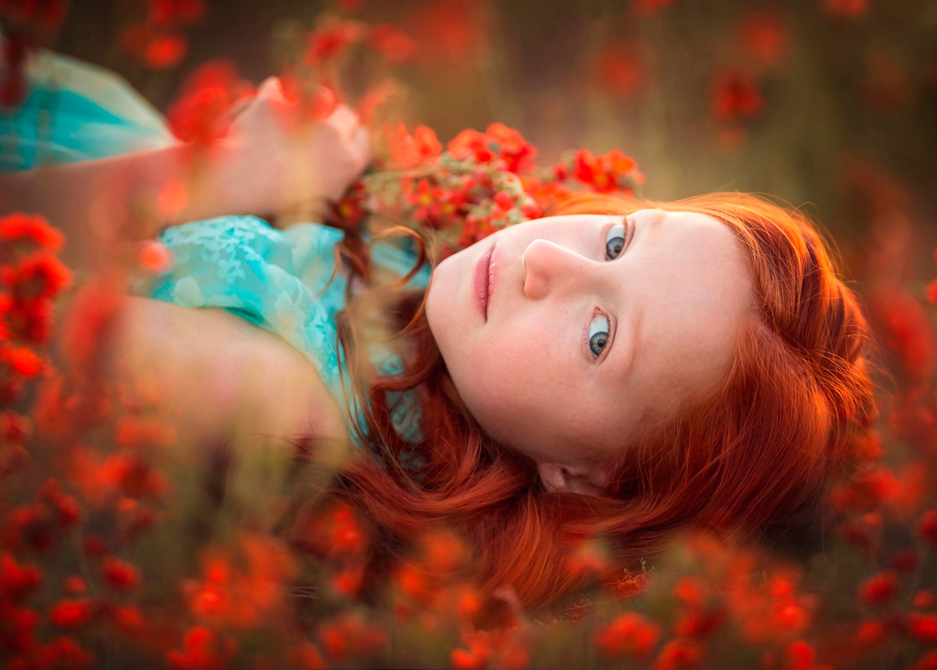 girl red hair freckles flower