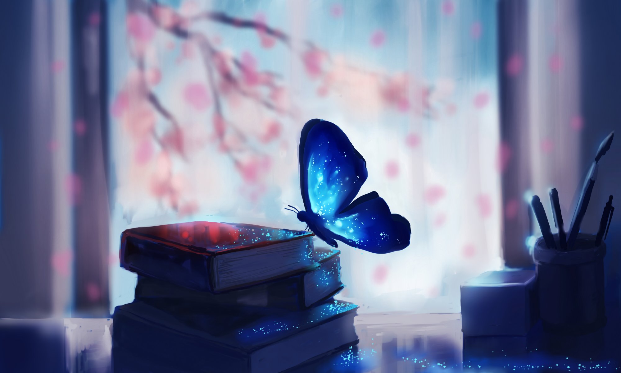 kunst chibionpu schmetterling bücher zweige baum sakura