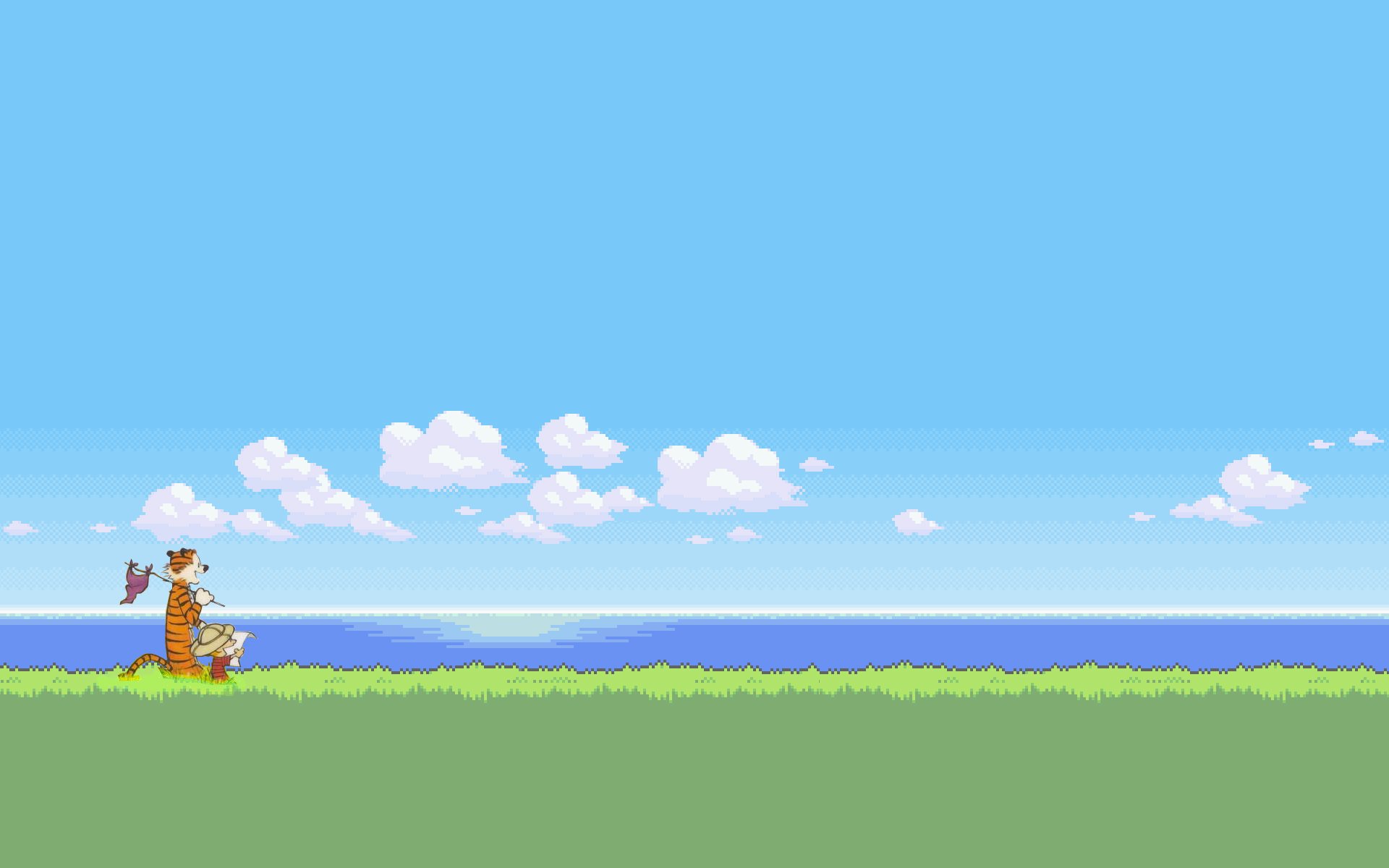 calvin et hobbs calvin et hobbs herbe eau ciel nuages 8-bit