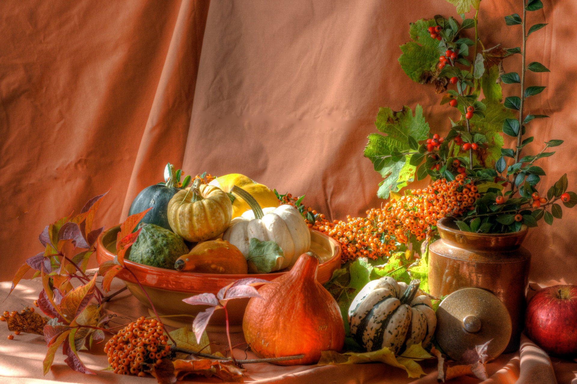 till life pumpkin apple leaves berries dish