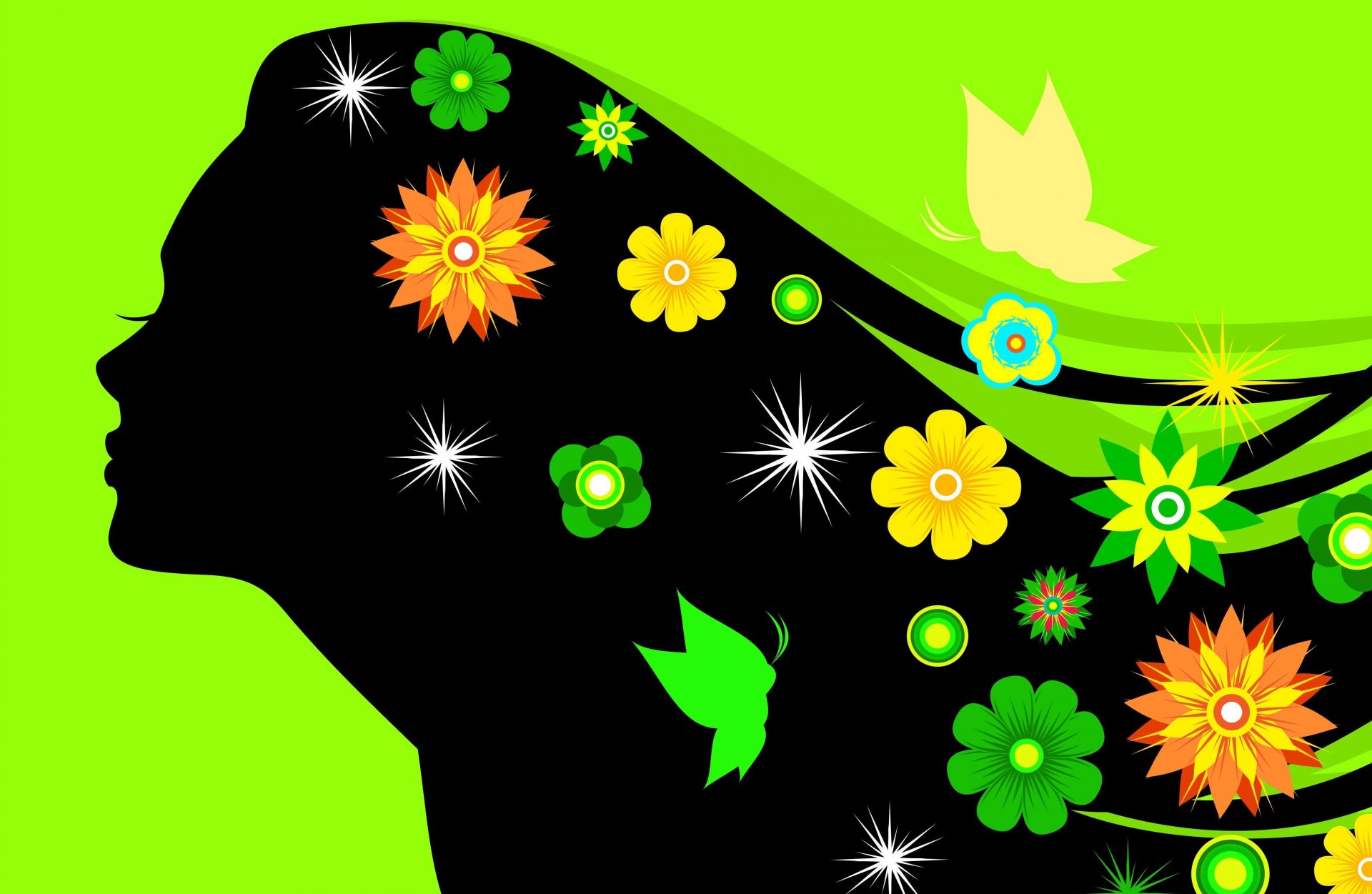 ragazza silhouette fiori ciglia capelli sfondo verde