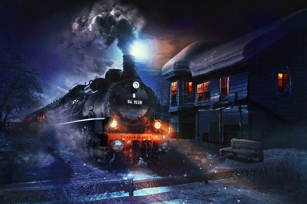 Die Dampflokomotive steht in der Winternacht am Haus auf den Schienen