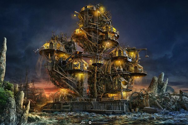 Wyspy piratów i statek w grafice